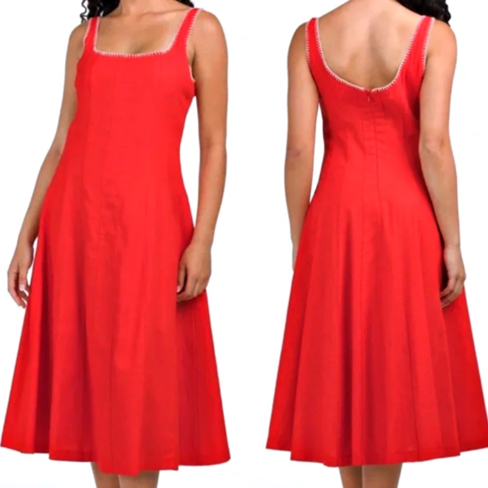 CAROLINE CONSTAS Red Linen Blend Paneled Midi Dress With Whipstitch Detail NWT